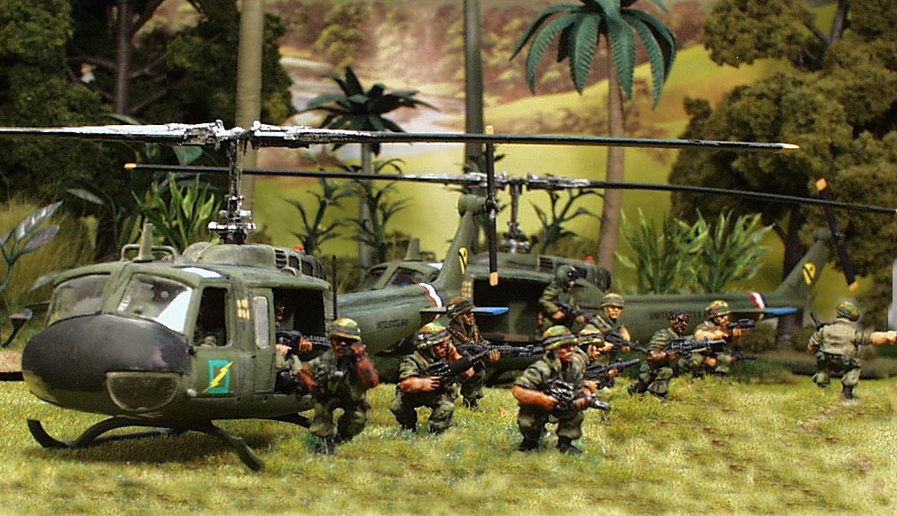 Troops leaving helicopters on HLZ
